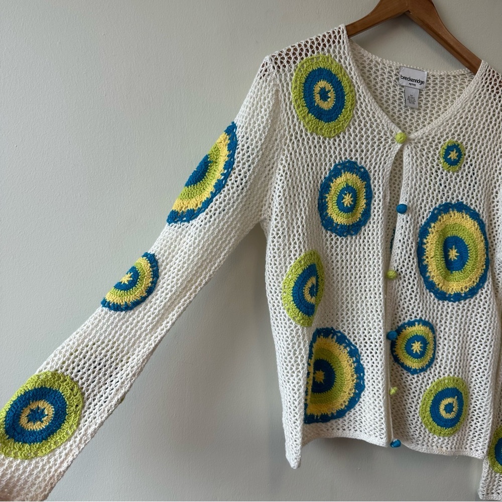Breckenridge Women's Cream Crochet Cardigan with Blue and Green Accents - Picture 2 of 6